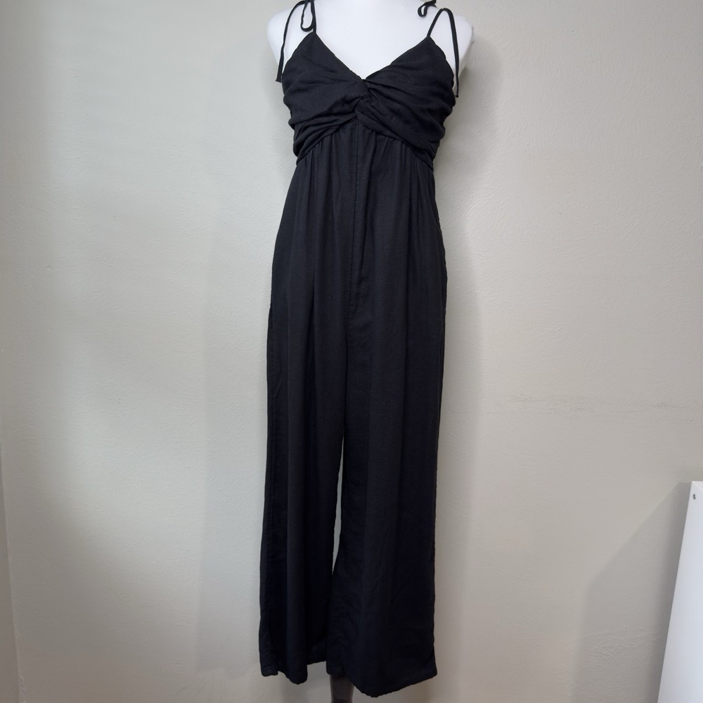 Old Navy Cropped Wide Leg Jumpsuit Linen Blend Black Romper Twist Knot NWOT